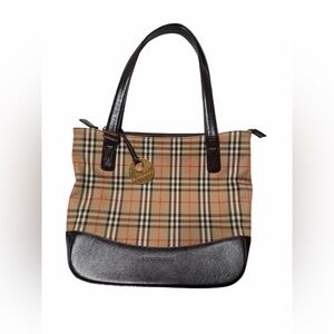 Burberry Tan Nova Check Tote with Brown Leather Trim and Gold Disc